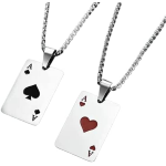 Coppia Collane Unisex Design Carta Da Gioco Poker Asso Cuore e Picche Colore Argento Et184