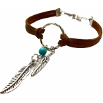 Collana Girocollo Collarino Scamosciato Colore Marrone Con Ciondolo Piume Argentate Boho e Pietra Azzurra ET210