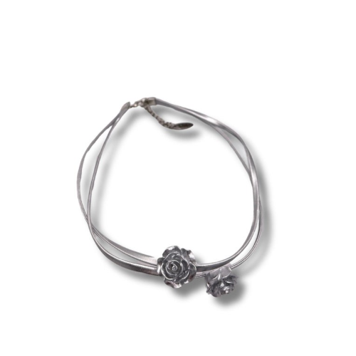 Collana Collarino Chocker Girocollo con doppia Rosa due rose Doppio Cordoncino fiori Donna Elegante Vintage Design Moderno, Grigio ET231