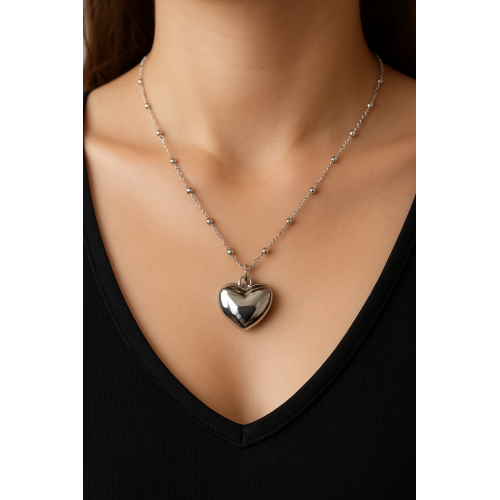 Collana Donna con Ciondolo Cuore Collanina Elegante con Catena a Sferette e Pendente Lucido Moda Regalo Amore ET244
