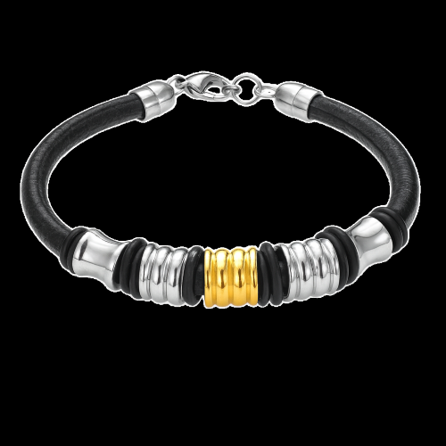 Bracciale Uomo in Pelle Nera con Elementi in Metallo Cromato e Dorato – Chiusura a Moschettone ET16