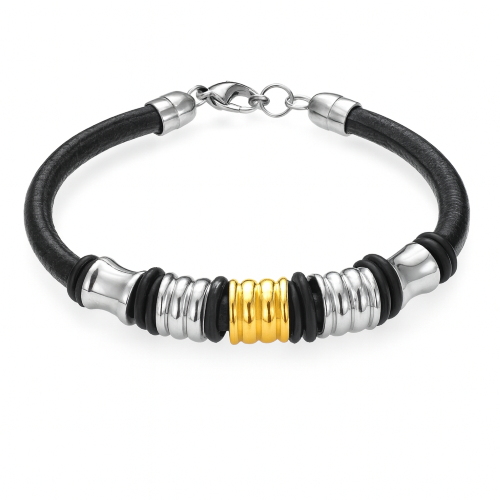Bracciale Uomo in Pelle Nera con Elementi in Metallo Cromato e Dorato – Chiusura a Moschettone ET16